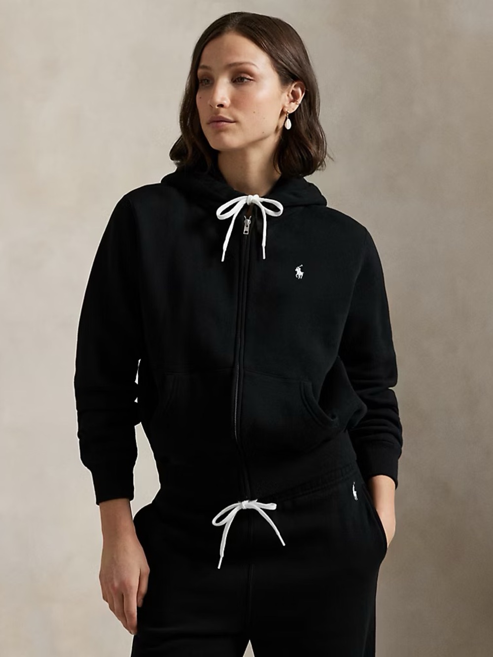 Ralph Lauren Black Zip-Front Hoodie with White Drawcords